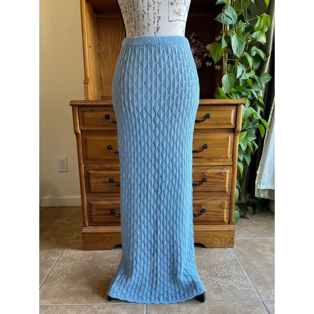 Edikted Light Blue Pointelle Crochet Maxi Skirt Coverup Knit Women Size Medium